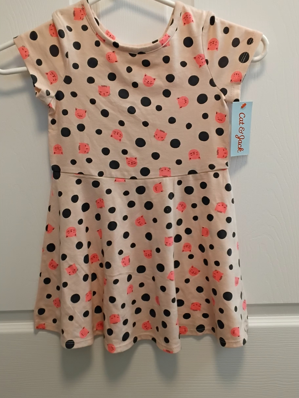 Cat‎ & Jack Cream Dress with Black Polka Dots and Pink Cat Faces NWT